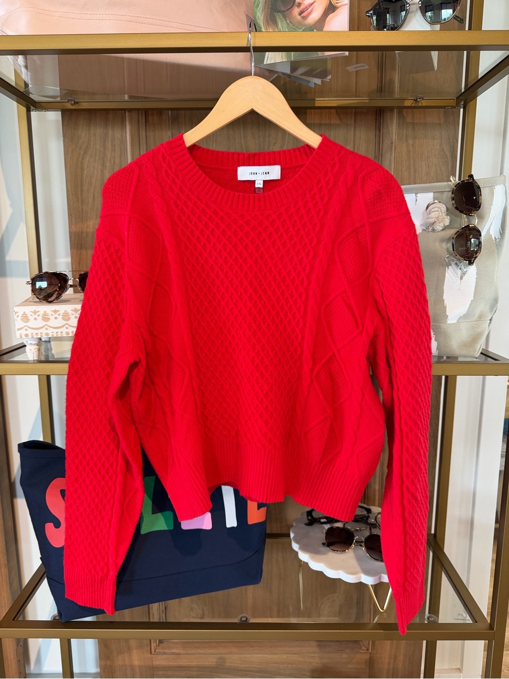 John + Jenn Bright Red Cable Knit Crewneck Sweater